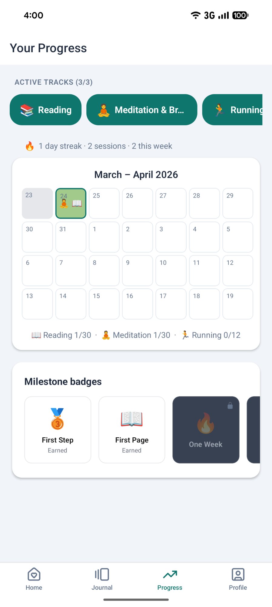 Progress tracking with streaks and badges